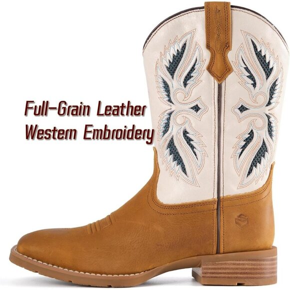 Men’s Tan White Square Toe Leather Boots Durable 10-inch Pull-on Wellington Boot main image 4